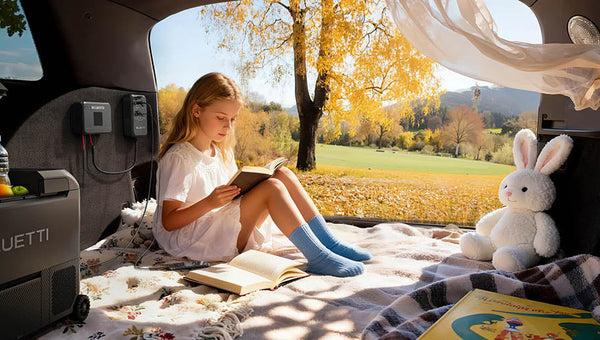 Girl reading inside a caravan powered by BLUETTI