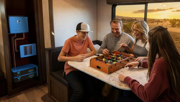 Family playing foosball beside an RV battery system