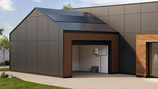 Modern garage powered by rooftop solar panels and BLUETTI system
